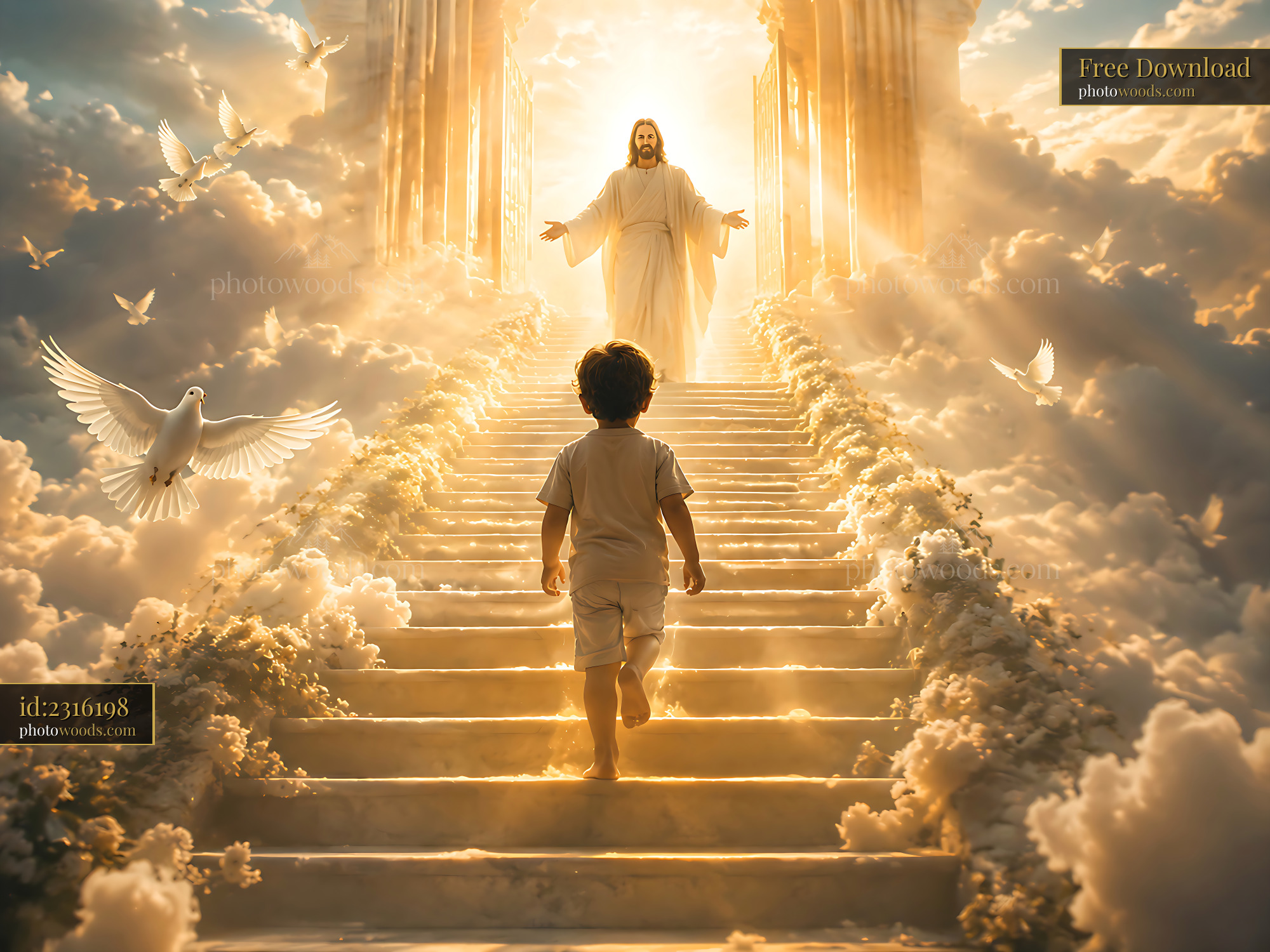 Child Walks Towards Figure in Robes on Steps of Light