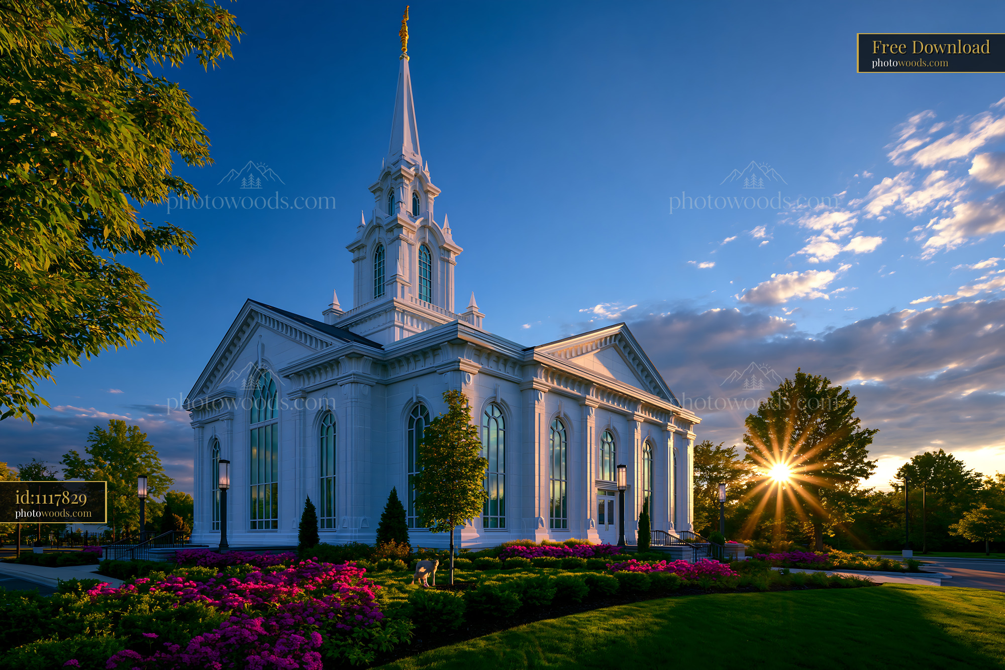 Grand Church at Sunset in Flower Garden, White Architecture