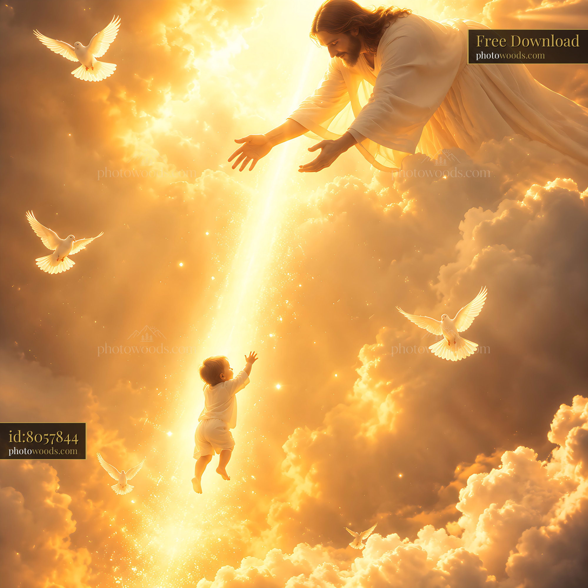 Jesus Reaches out to a Child in a Bright Heavenly Scene