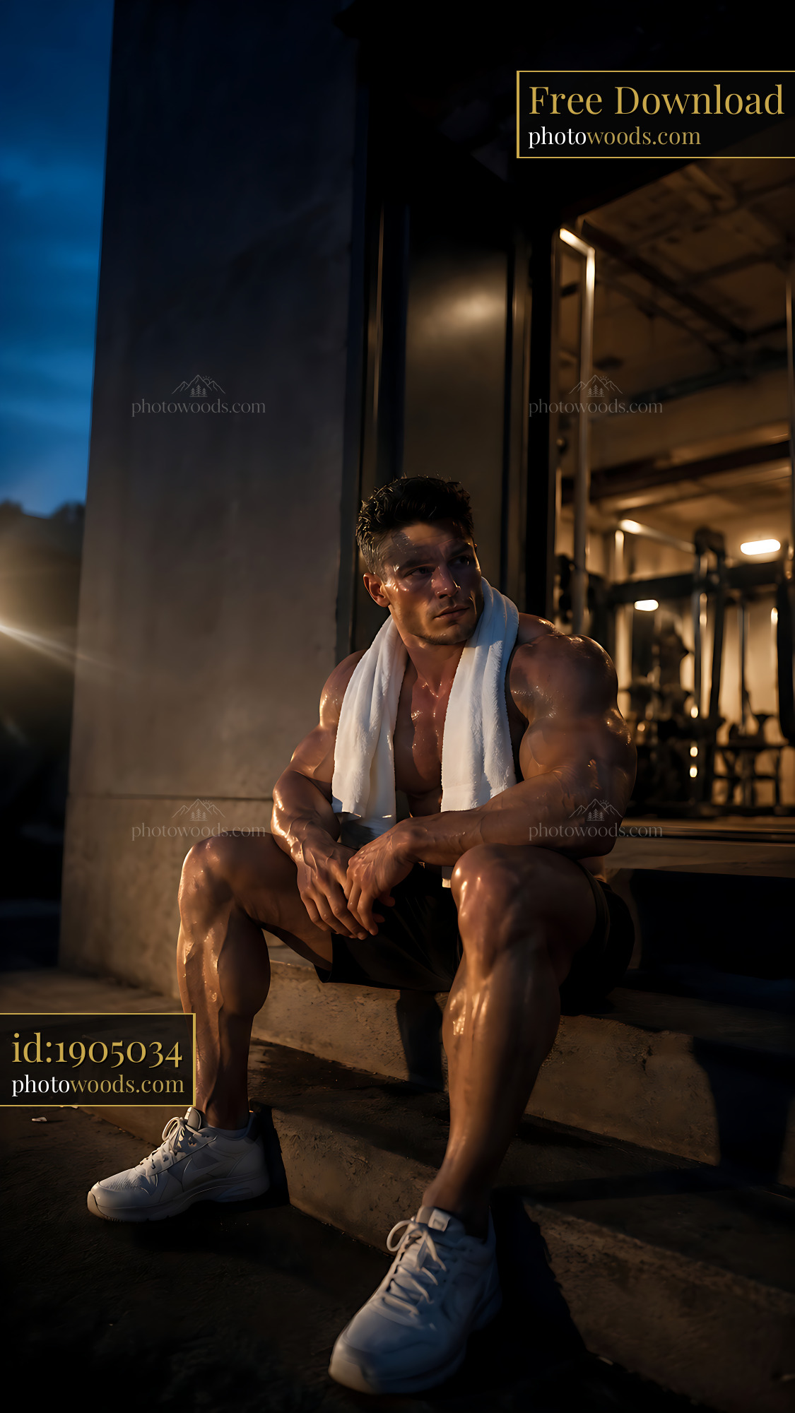Muscular Man Sitting on Steps in Gym, Night Time, Relaxed Mood