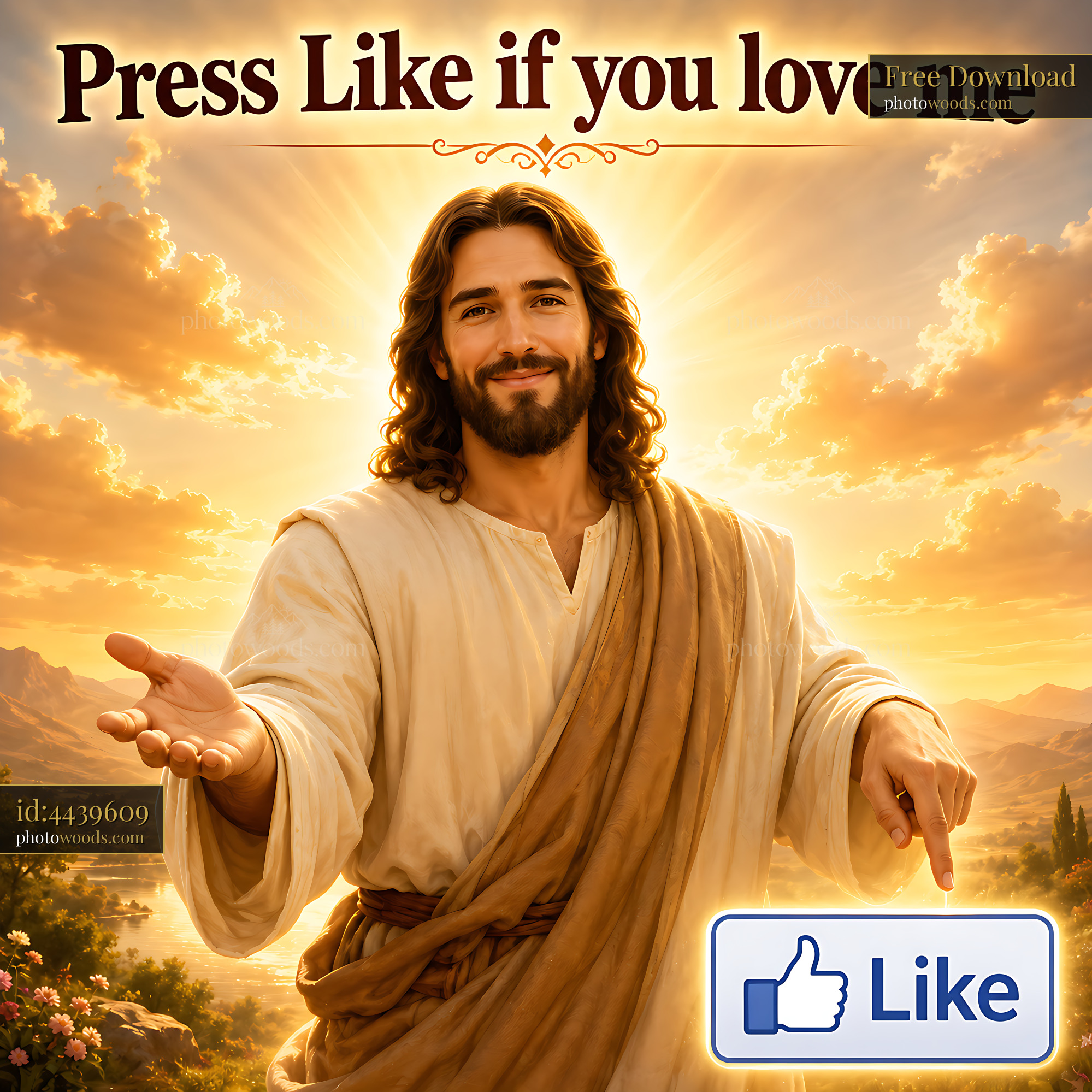 Jesus Gestures With Open Arms in Scenic Landscape at Sunset