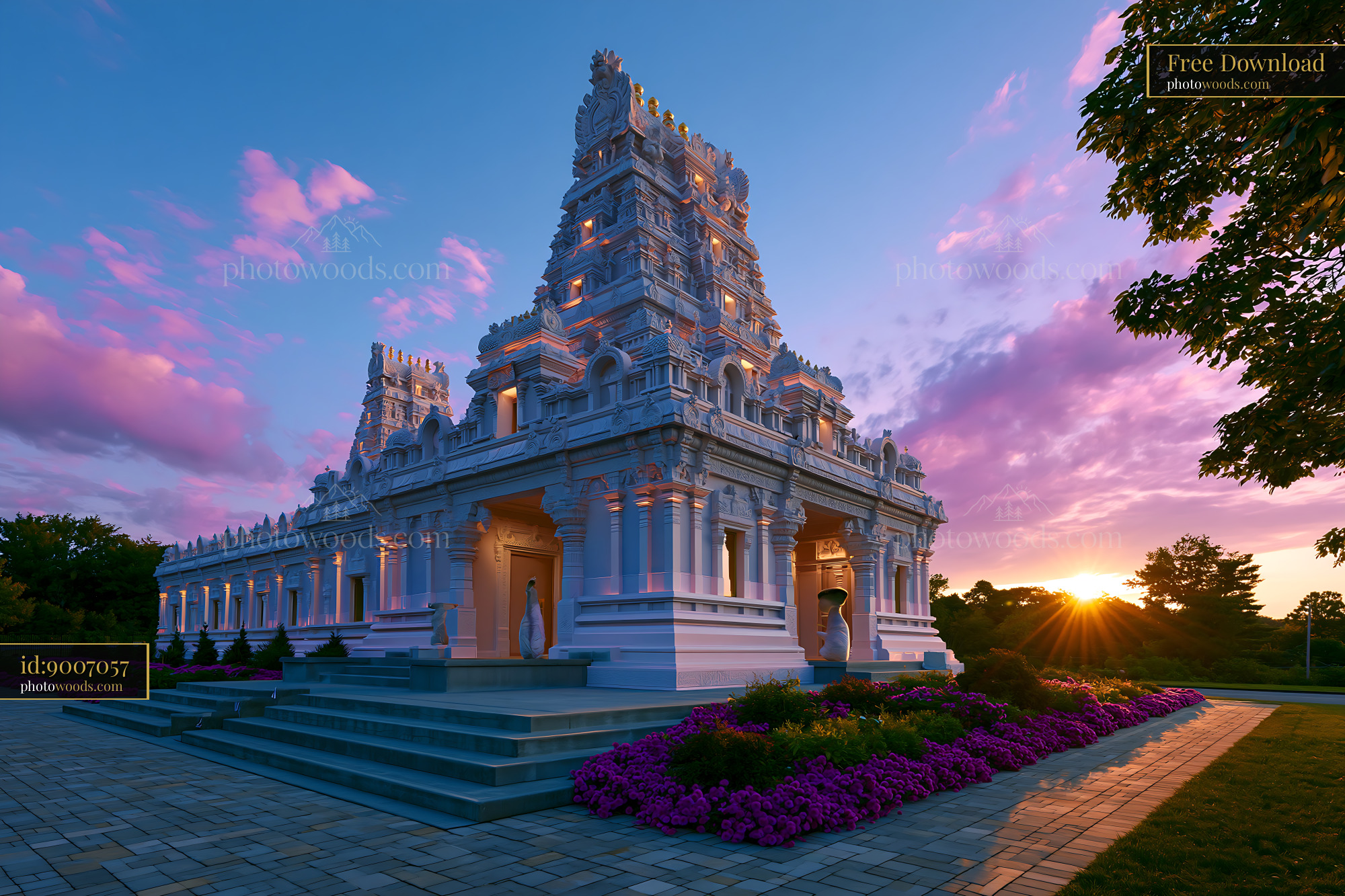 Hindu Temple at Sunset in Landscape