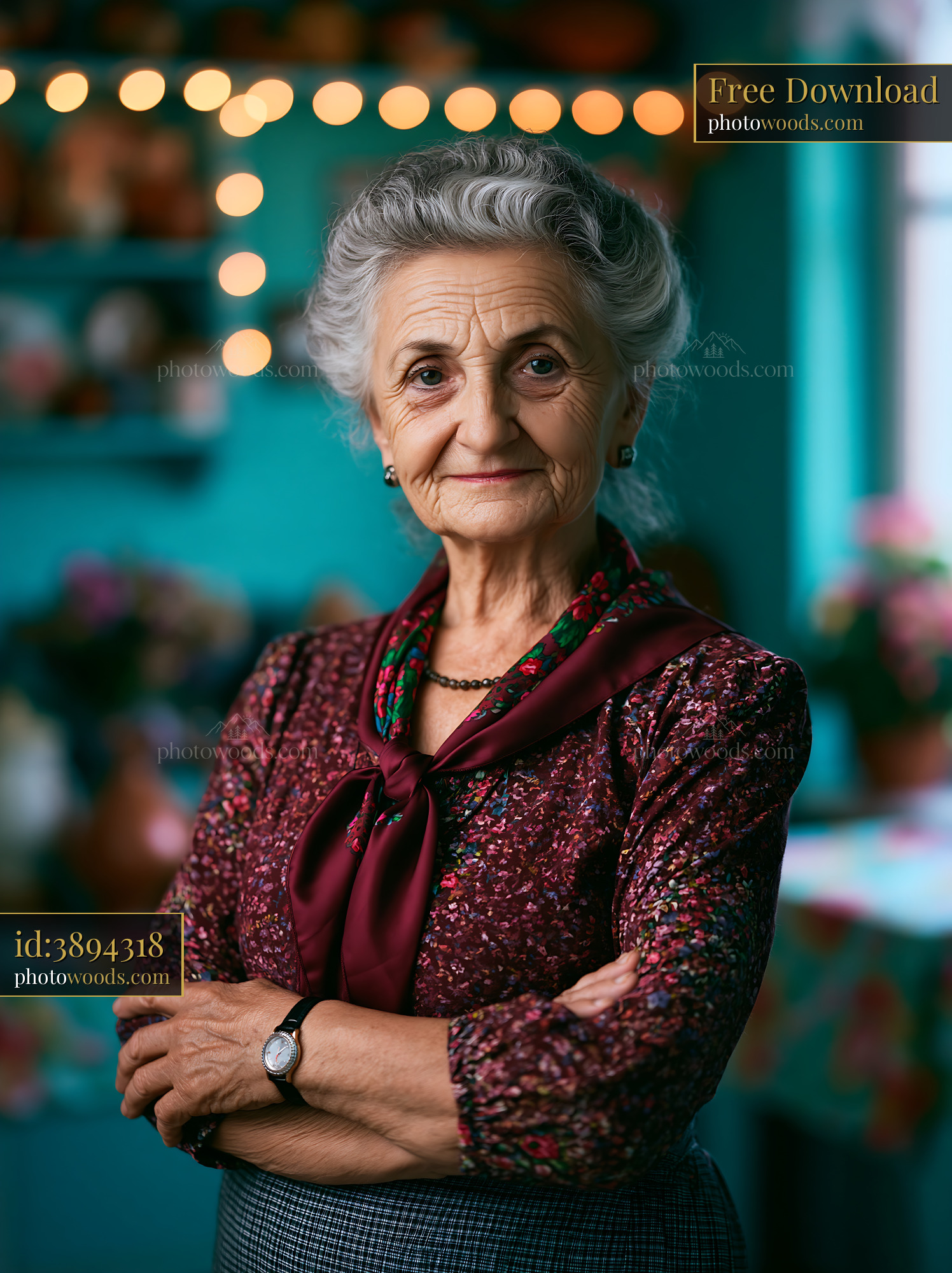 Elderly Woman With Gray Hair Stands Confidently in Bright Room