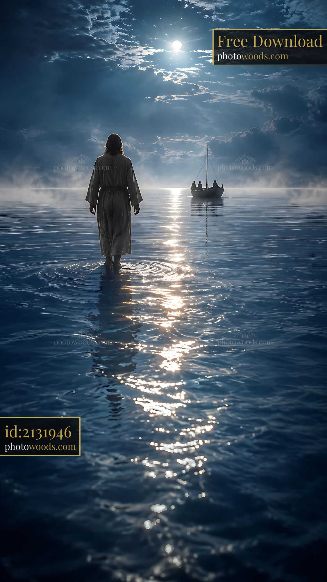 Person Walking on Water Toward a Boat Under Moonlight