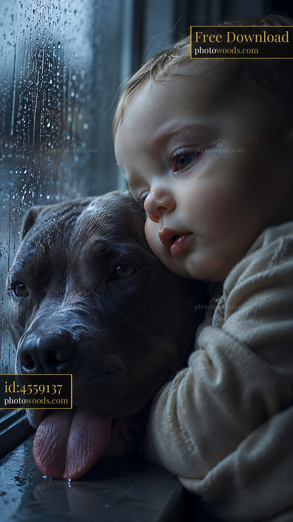 Child Embraces Dog While Gazing out Window on Rainy Day