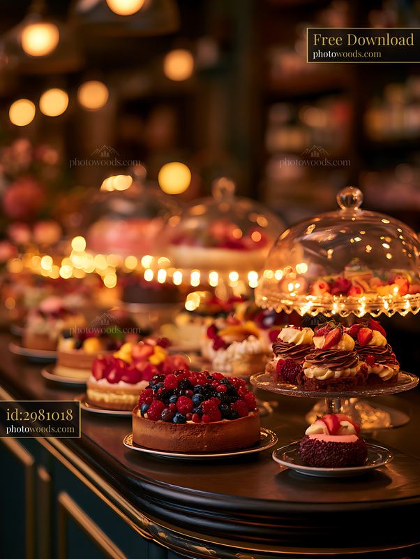 Assorted berry cakes on an illuminated dessert display