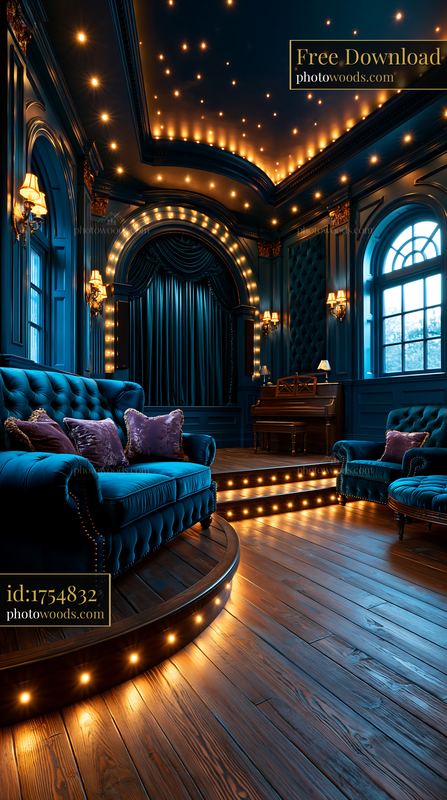 Luxurious blue parlor with piano, velvet seating, and stage lights