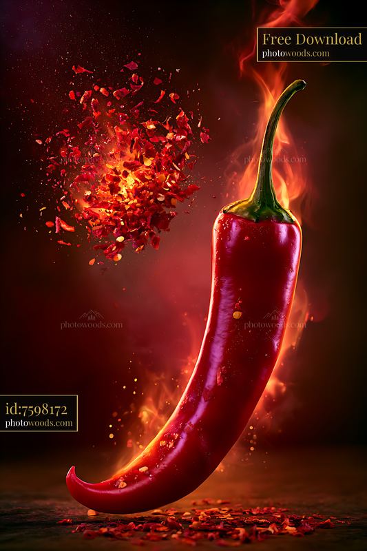 Red chili pepper surrounded by flames and flying spice fragments