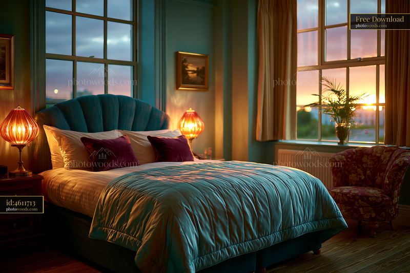 Elegant bedroom interior at sunset with upholstered bed