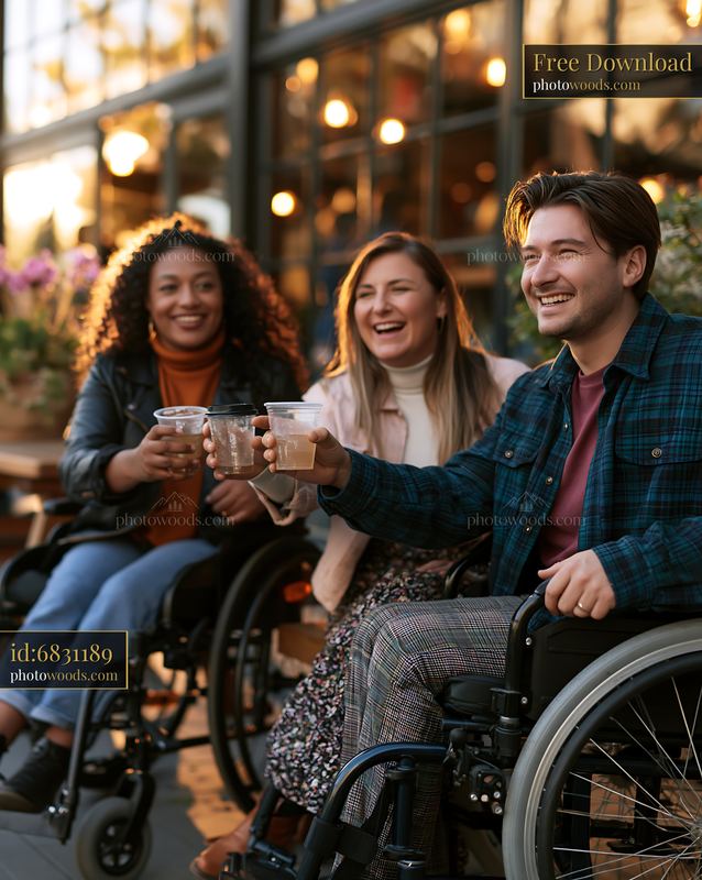 Three friends laughing together outside a cafe