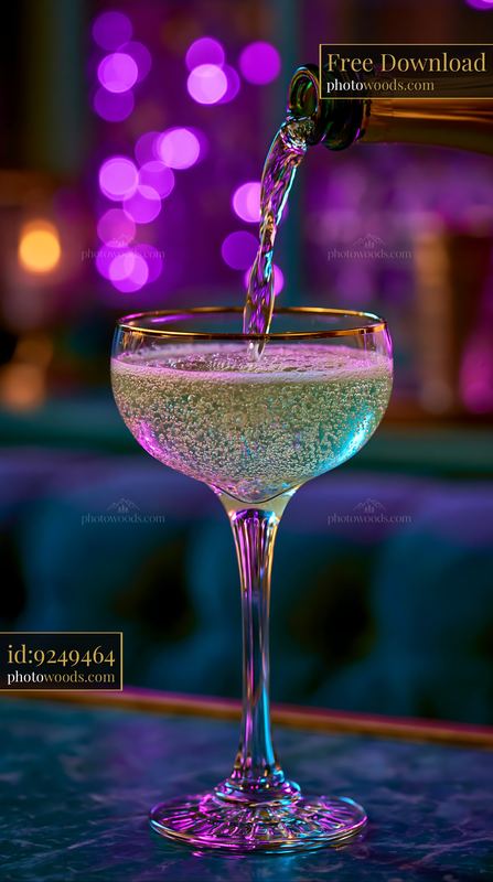 Sparkling drink poured into a stemmed glass under colorful lights