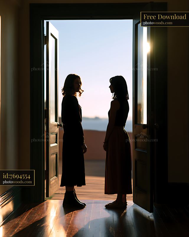 Two women silhouetted in an open doorway at sunset