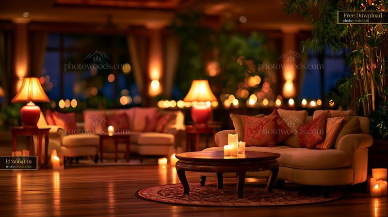 Warm candlelit living room with elegant seating and lamps