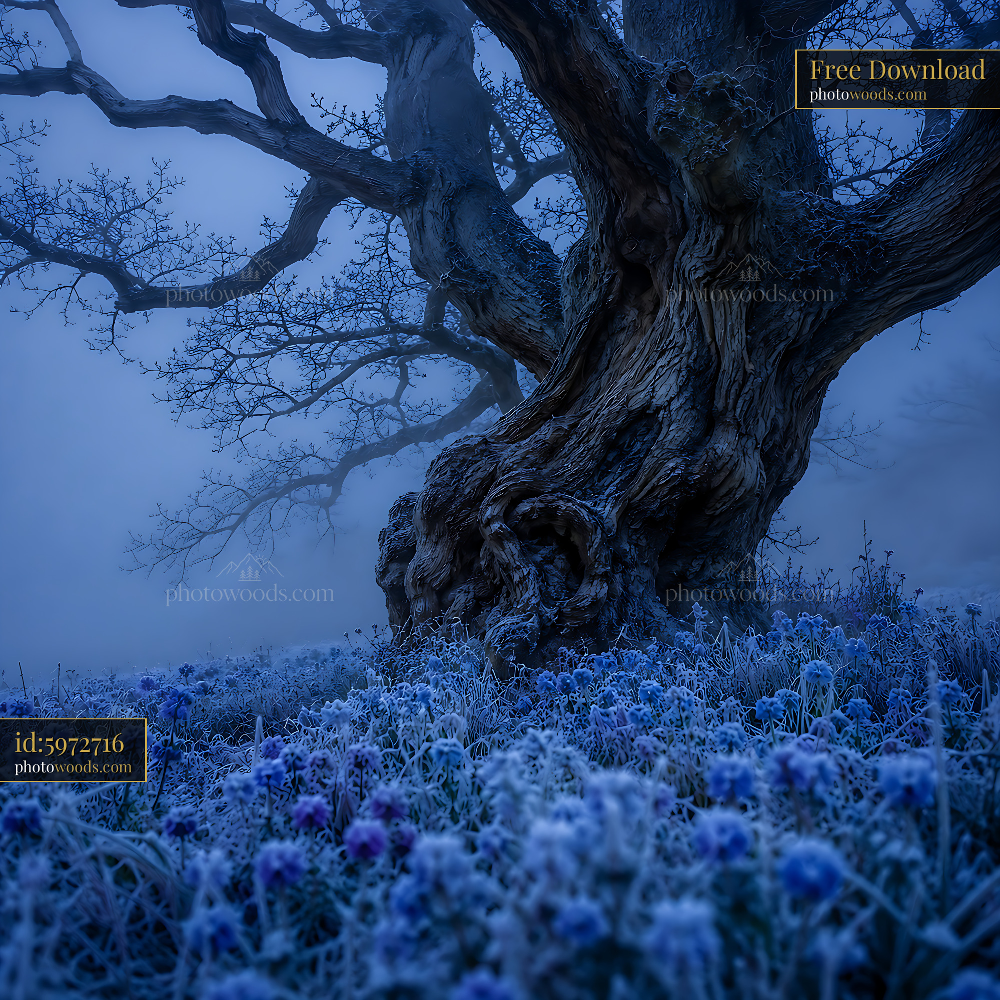 Tree Stands in Fog With Blue Flowers at Dawn in Winter