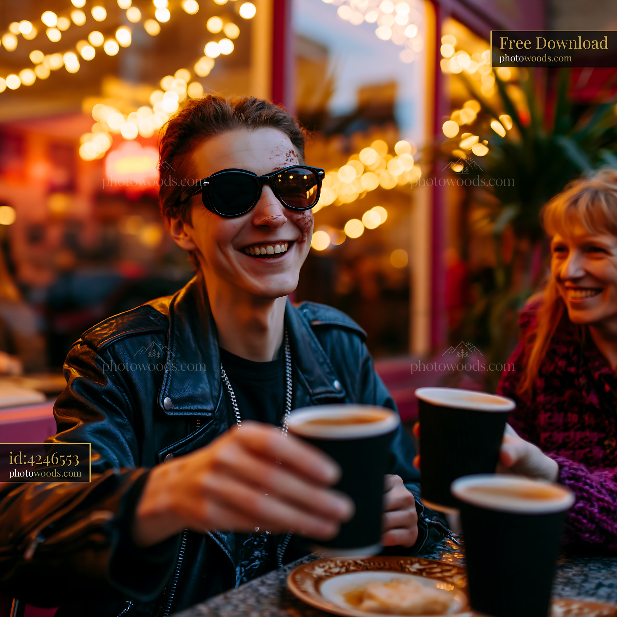 Laughing Young Man With Eye Patch Enjoying Coffee With Friend