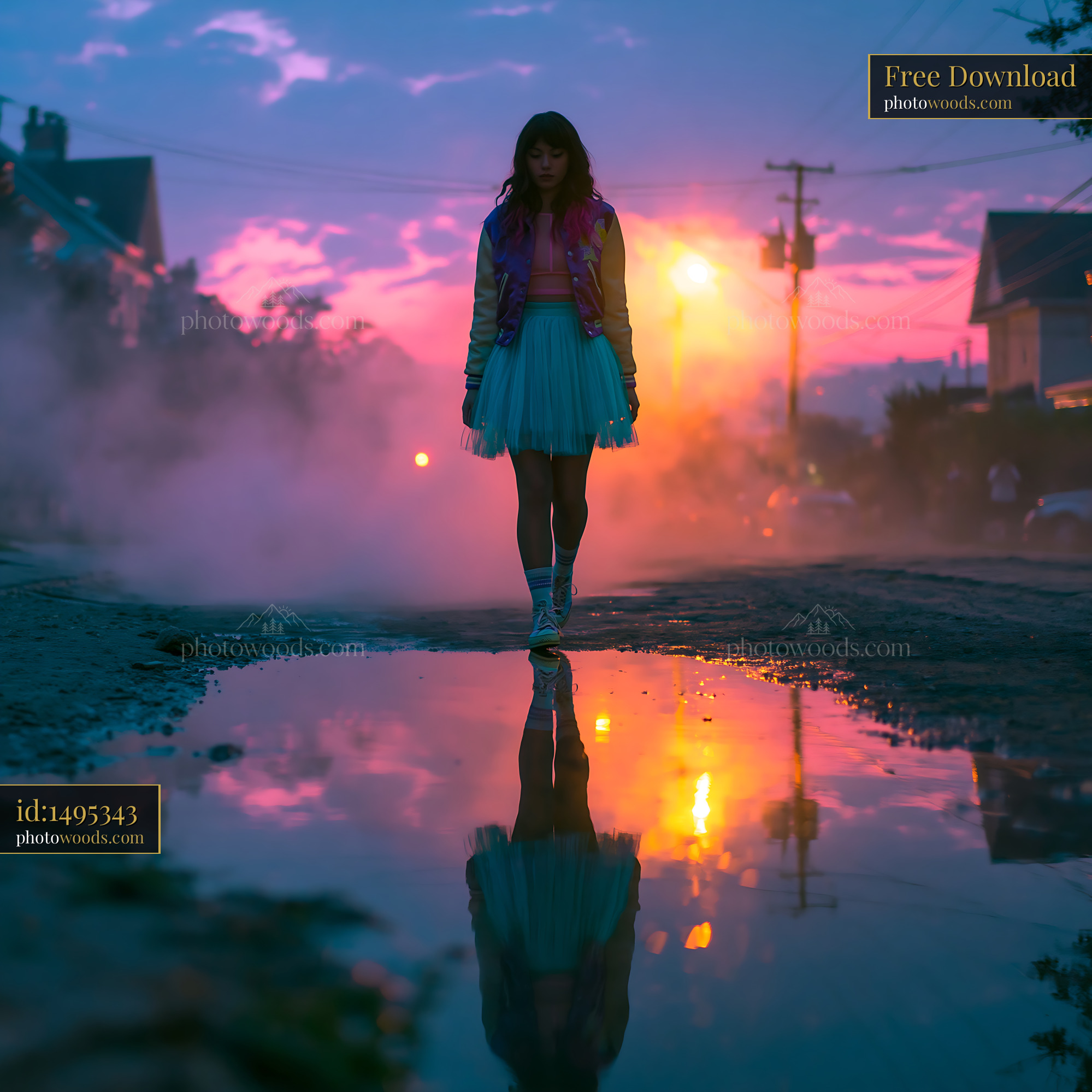 Young Woman in Varsity Jacket Walking on Street at Sunset