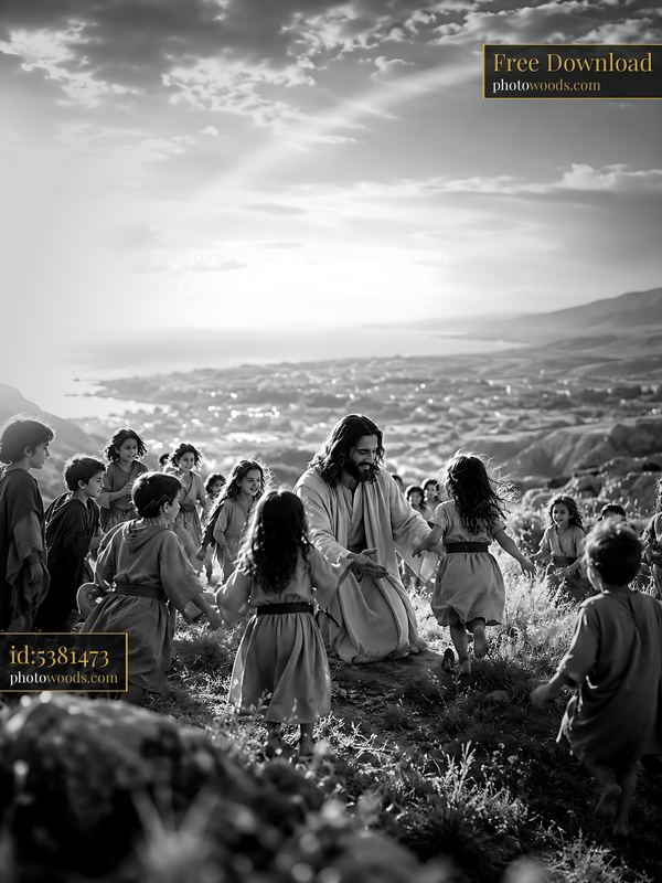 Jesus Interacts With Children on a Hillside During Sunset