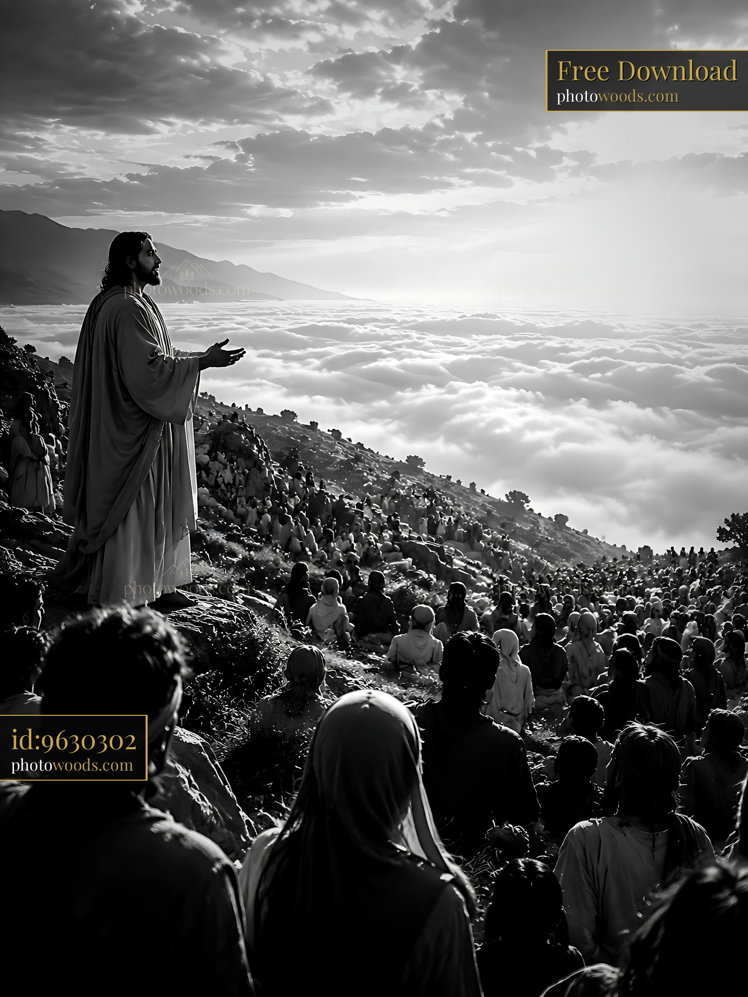 Jesus Stands on a Mountain Speaking to a Crowd Below Him