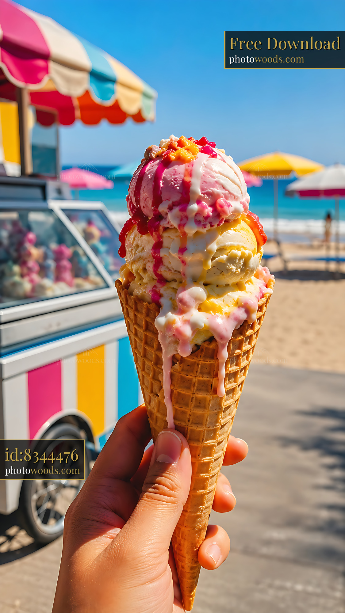 Ice Cream Cone Held by Hand Under Sunny Sky at the Beach