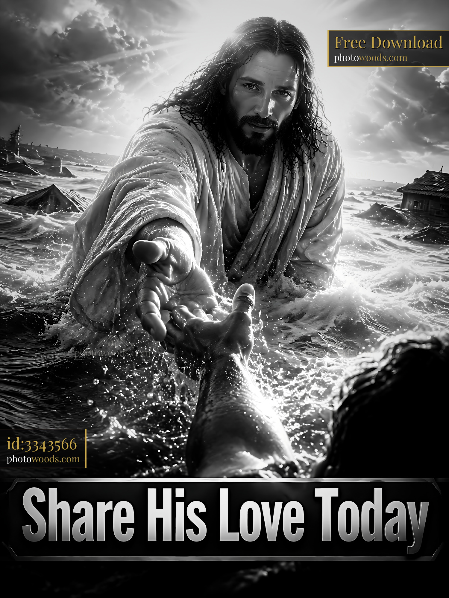 Jesus Reaching out to a Person in a Turbulent Water Scene
