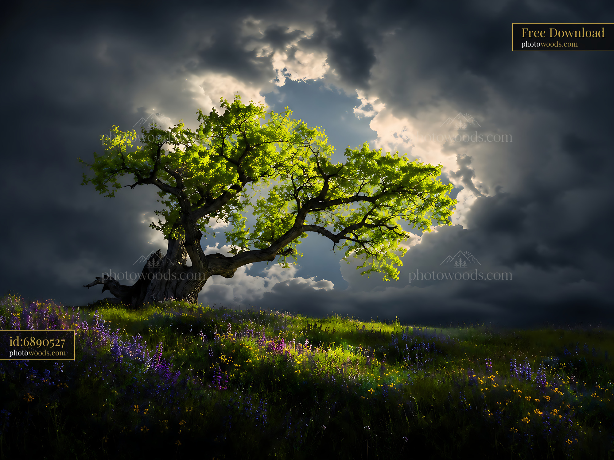 Tree Stands Alone Under Dark Clouds With Bright Leaves