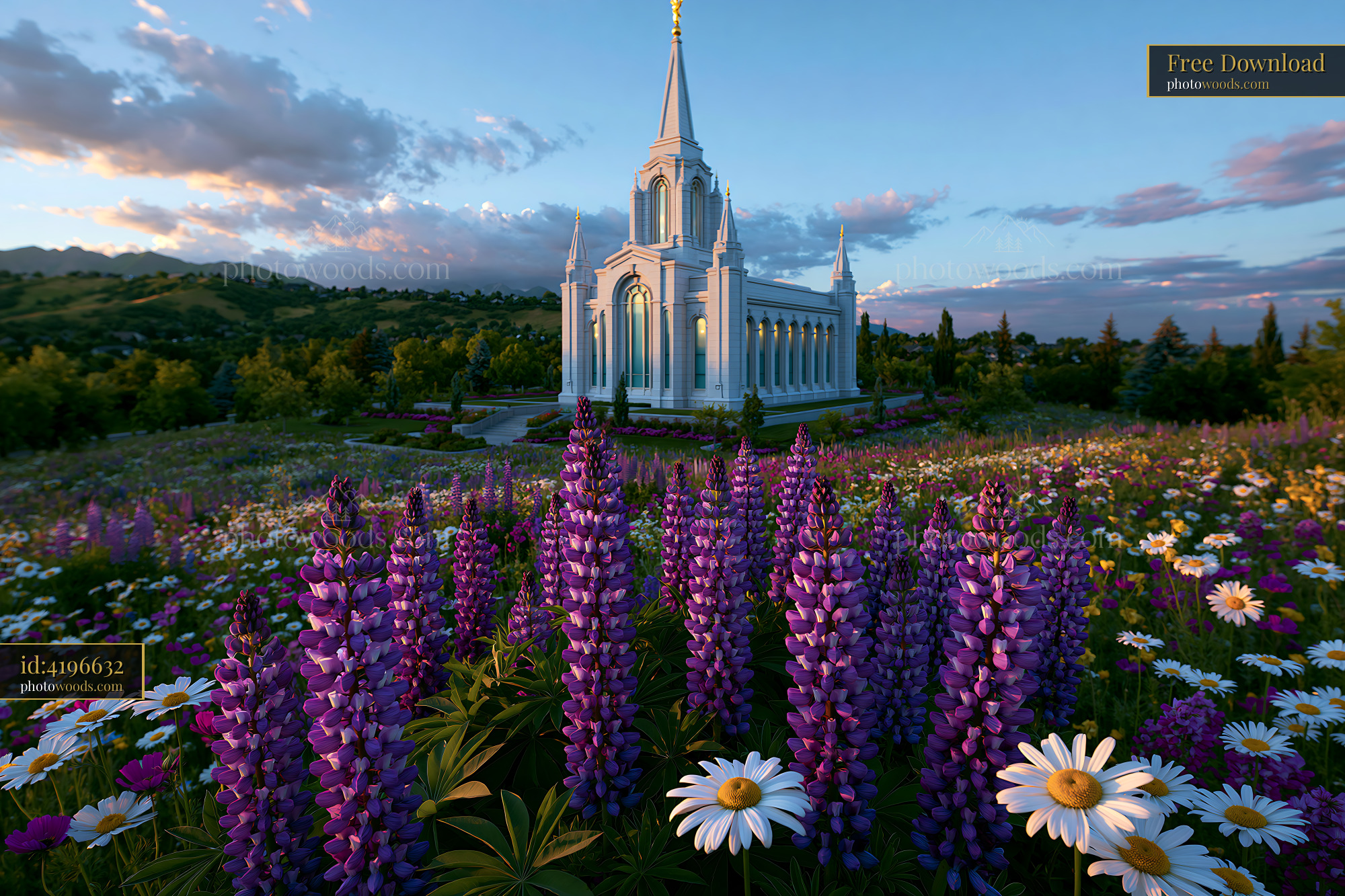 Lupinus Polyphyllus Flowers With Oquirrh Mountain Temple in Background
