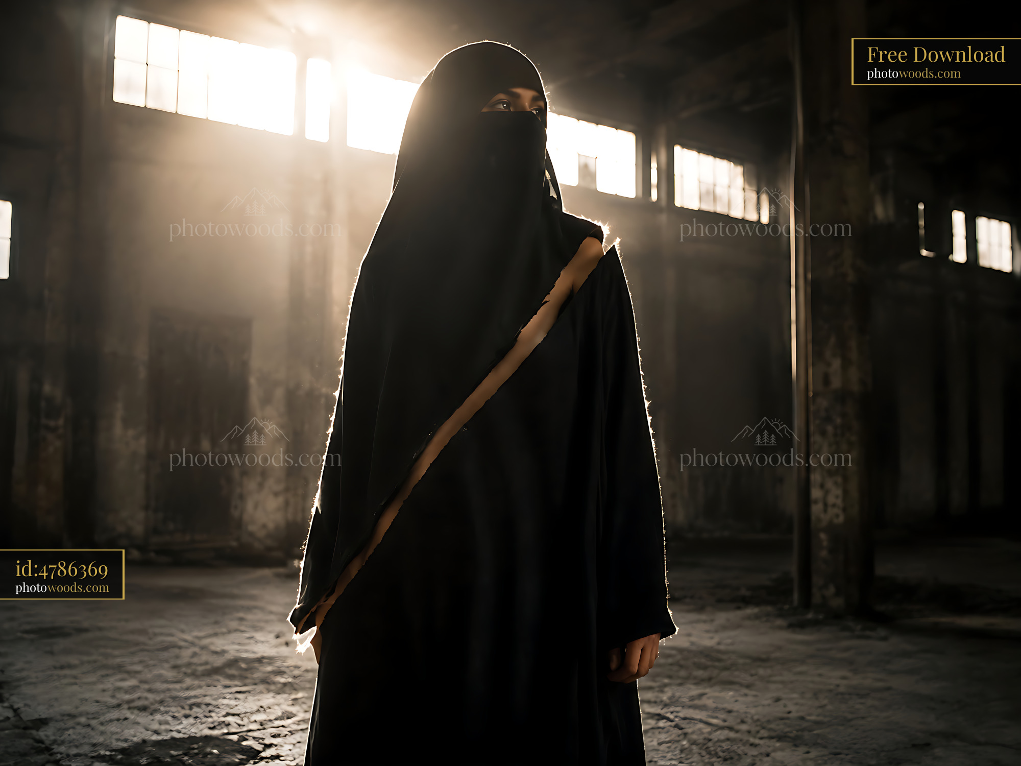 Woman in Black Attire Stands in Abandoned Space With Sunlight