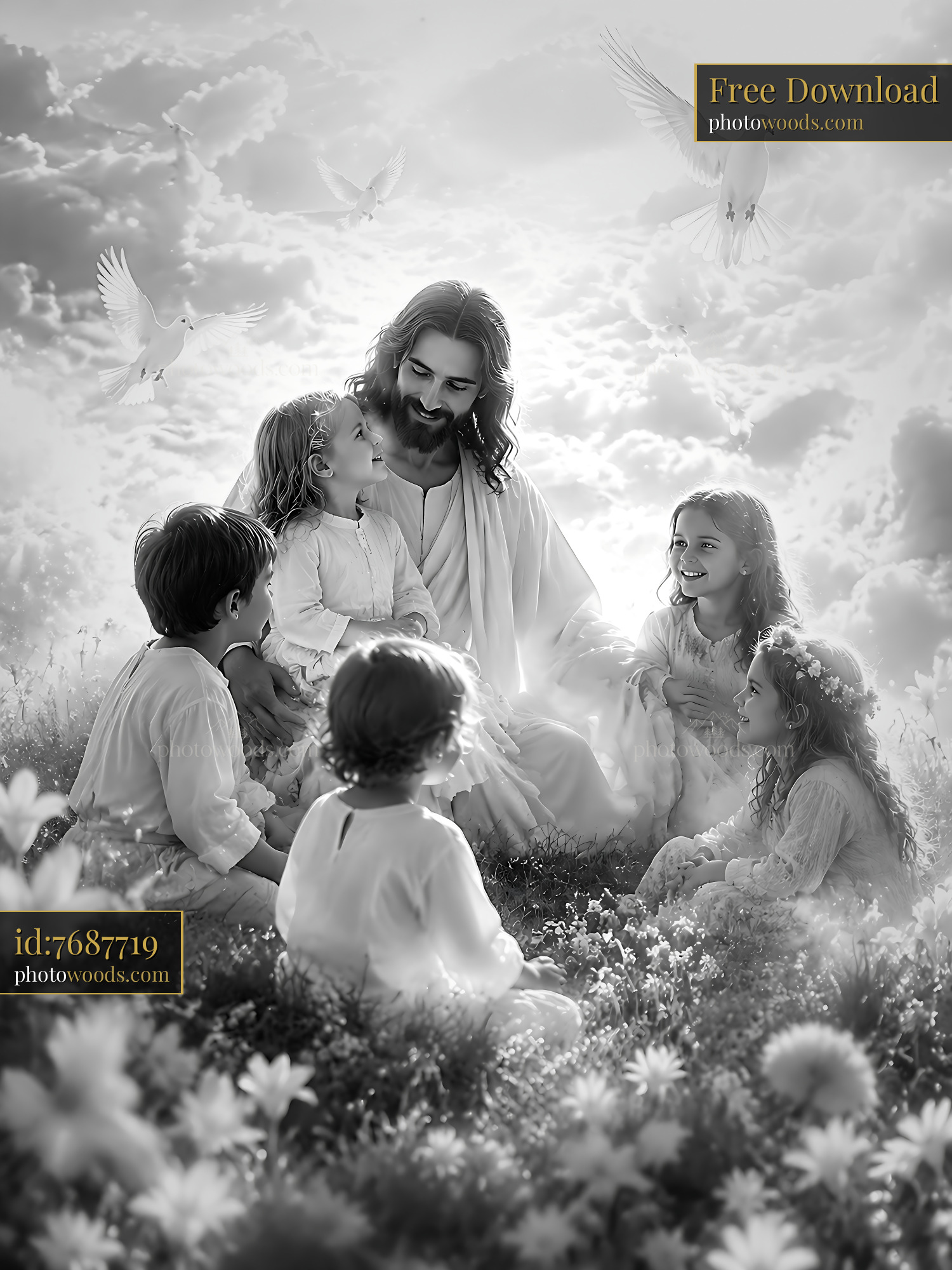 Children Sit With a Figure in White Among Flowers and Clouds