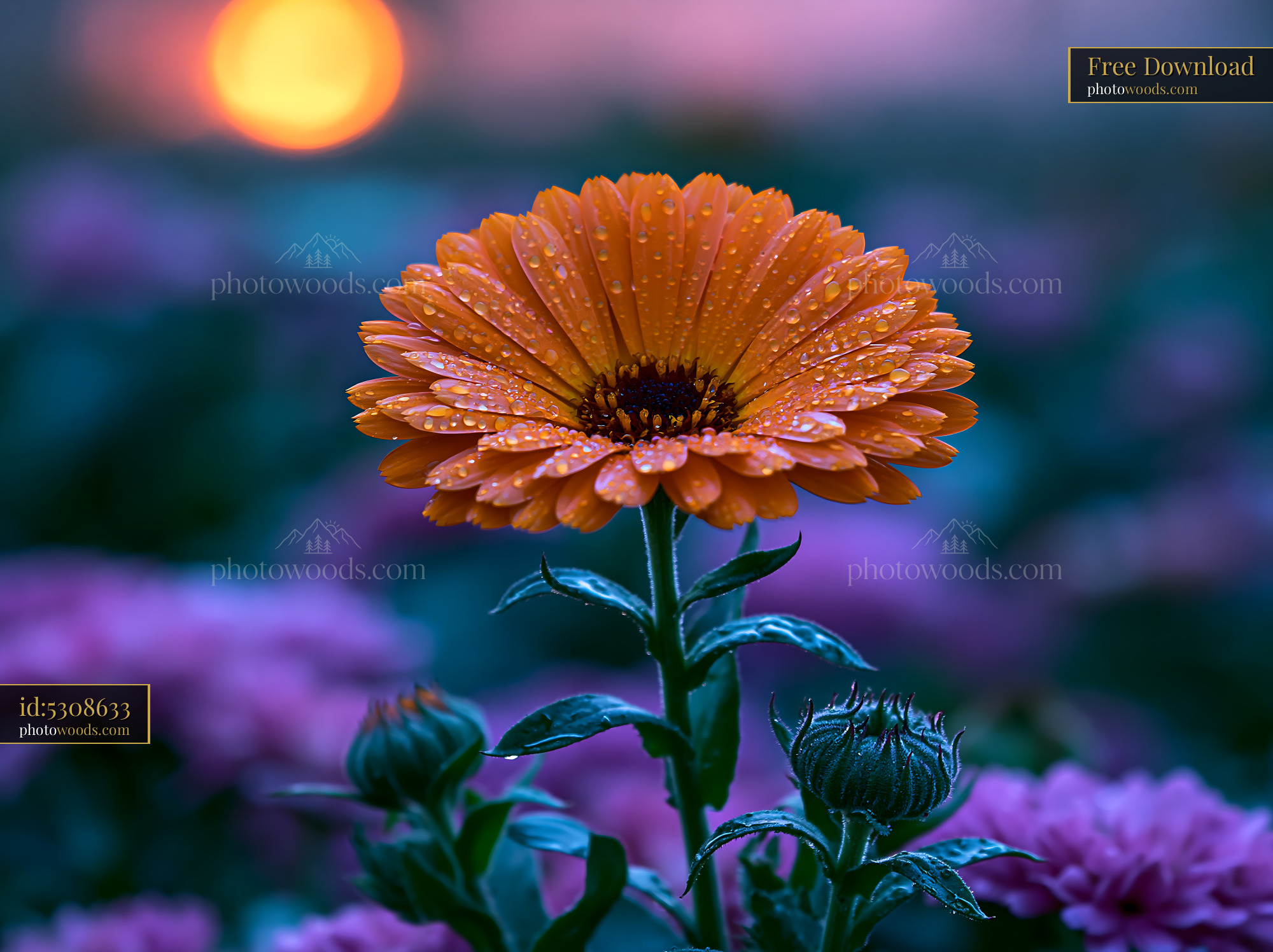 Orange Flower Stands Among Purple Blooms at Sunset