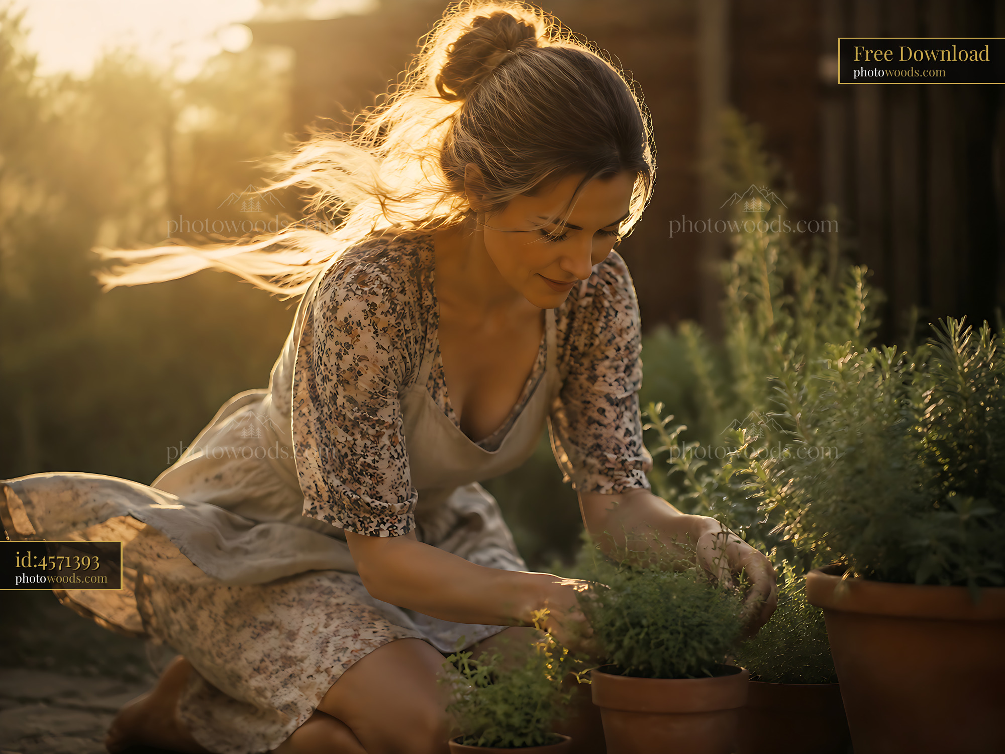 Woman Gardening, Tending to Plants During Golden Hour Sunlight