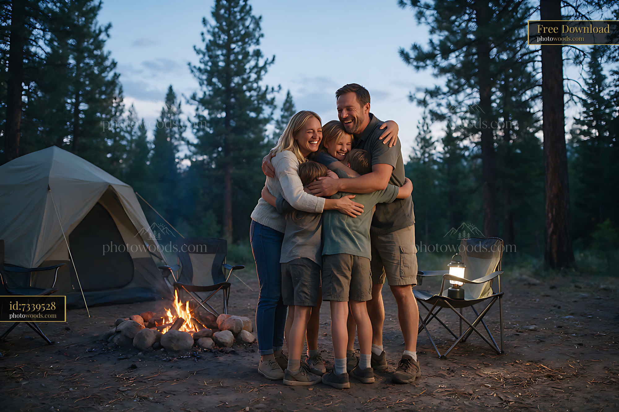 Family hugging together at a forest campsite
