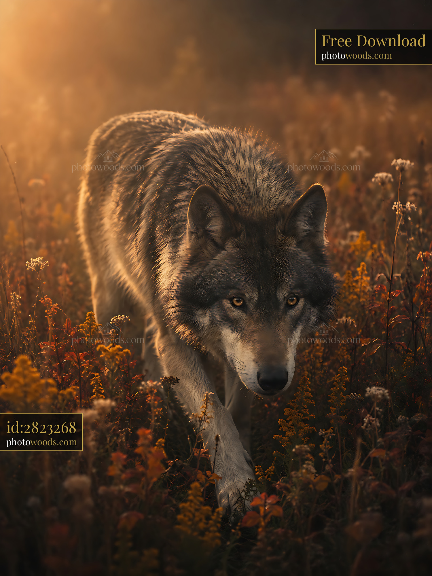 Wolf Walks Through a Field of Flowers During Golden Hour