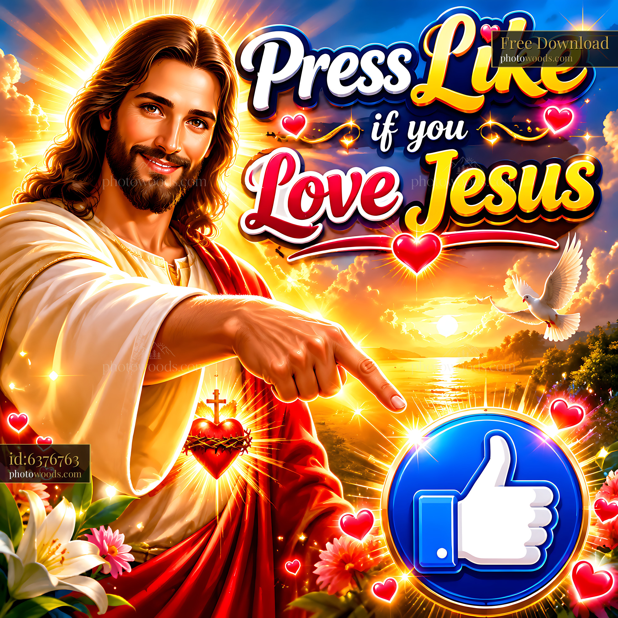Jesus Points to a Like Button in a Vibrant Sunset Scene