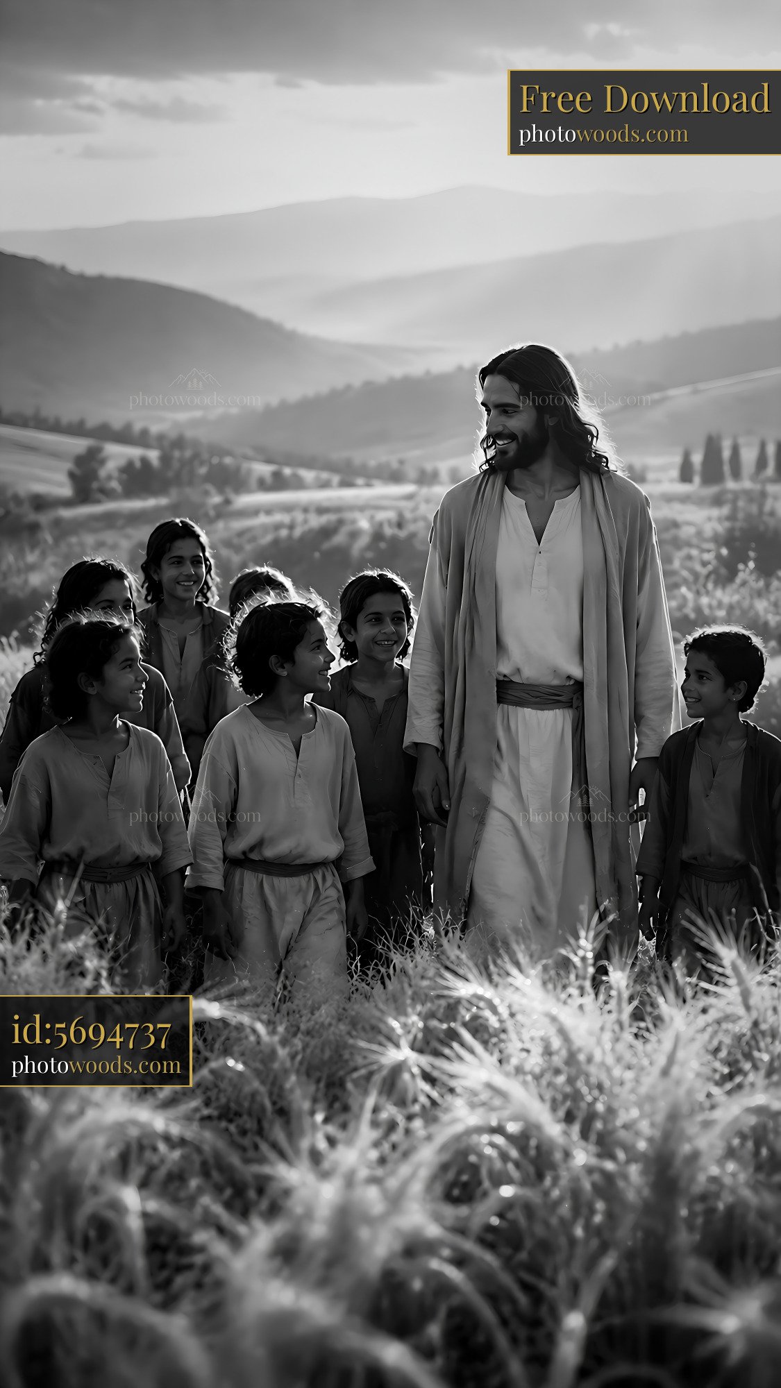 Jesus Walking With Children in a Field During Sunset