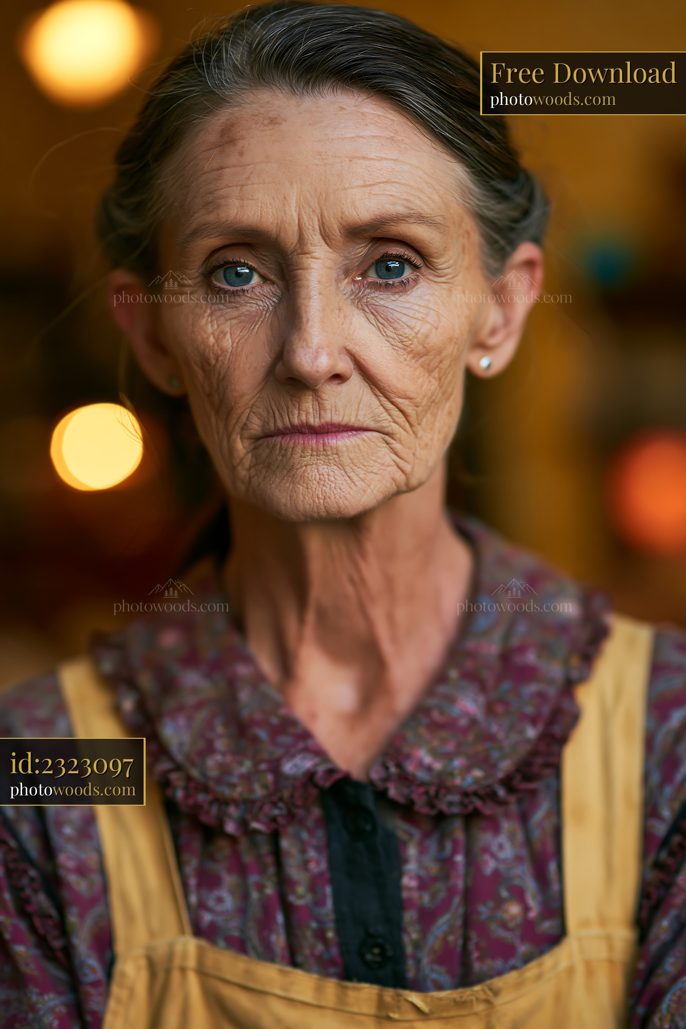 Elderly Woman With Wrinkles Looks Directly at the Camera Indoors