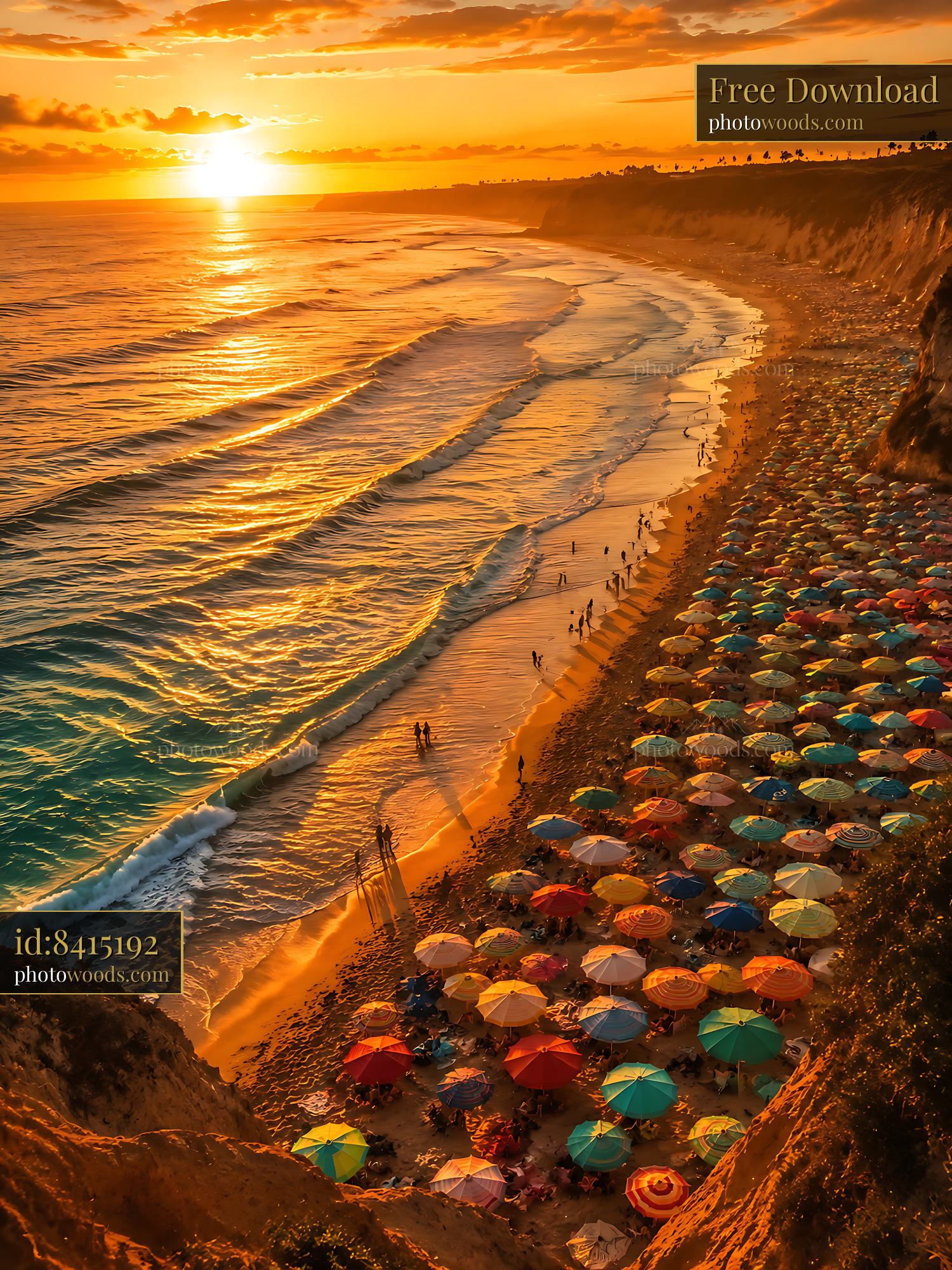 Beach Scene With Umbrellas at Sunset Along the Ocean Shore