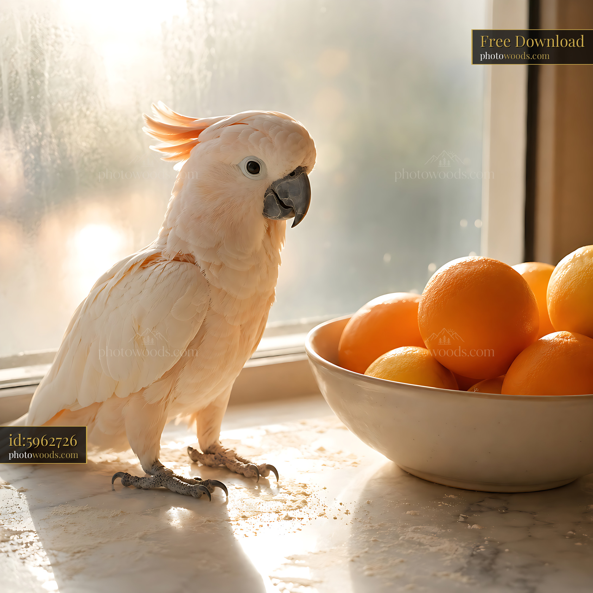 Cockatoo Stands Near Bowl of Oranges on Kitchen Counter