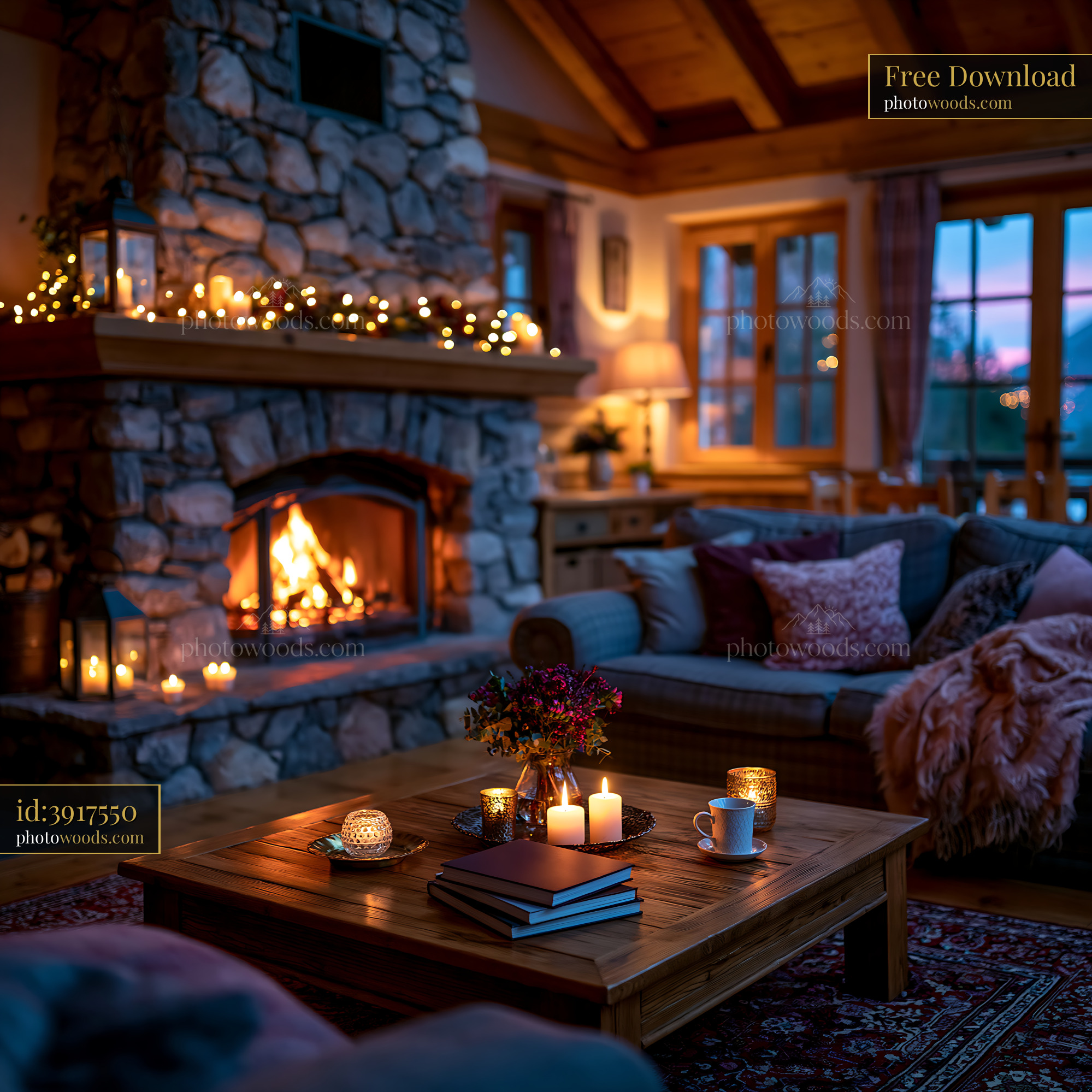Cozy Chalet Lounge With Stone Fireplace and Warm Lighting