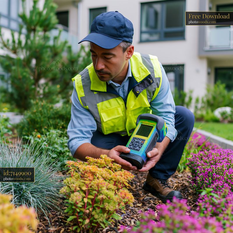 Energy Consultant Using Thermal Imaging Camera in Urban Garden