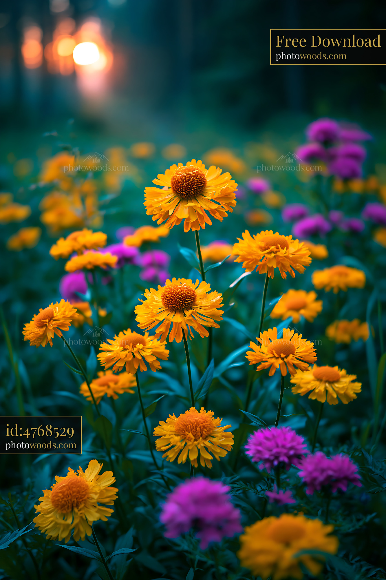 Flowers Bloom in a Field Under the Sunset Light