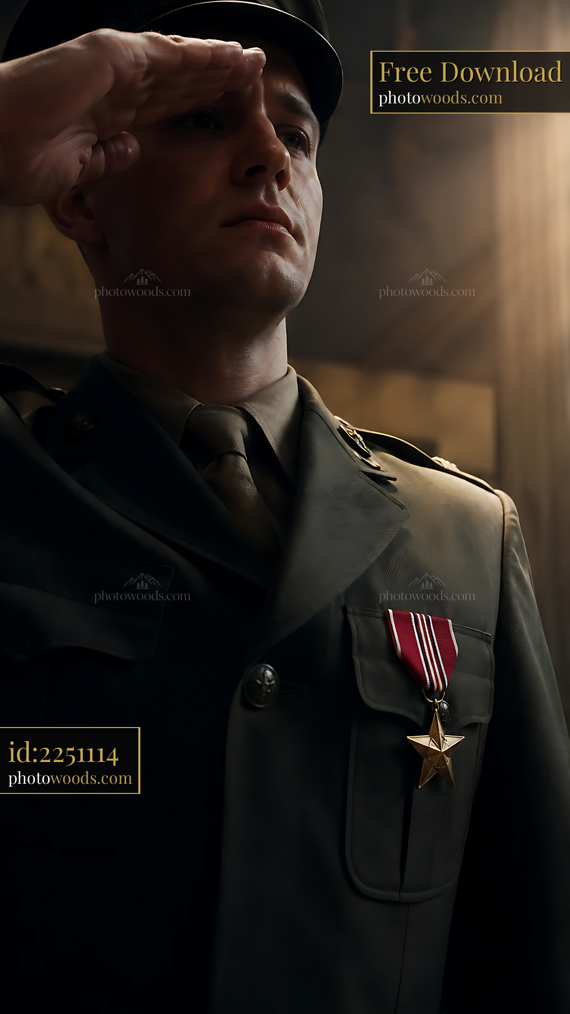 Soldier in Uniform Saluting With Medals in a Dimly Lit Room