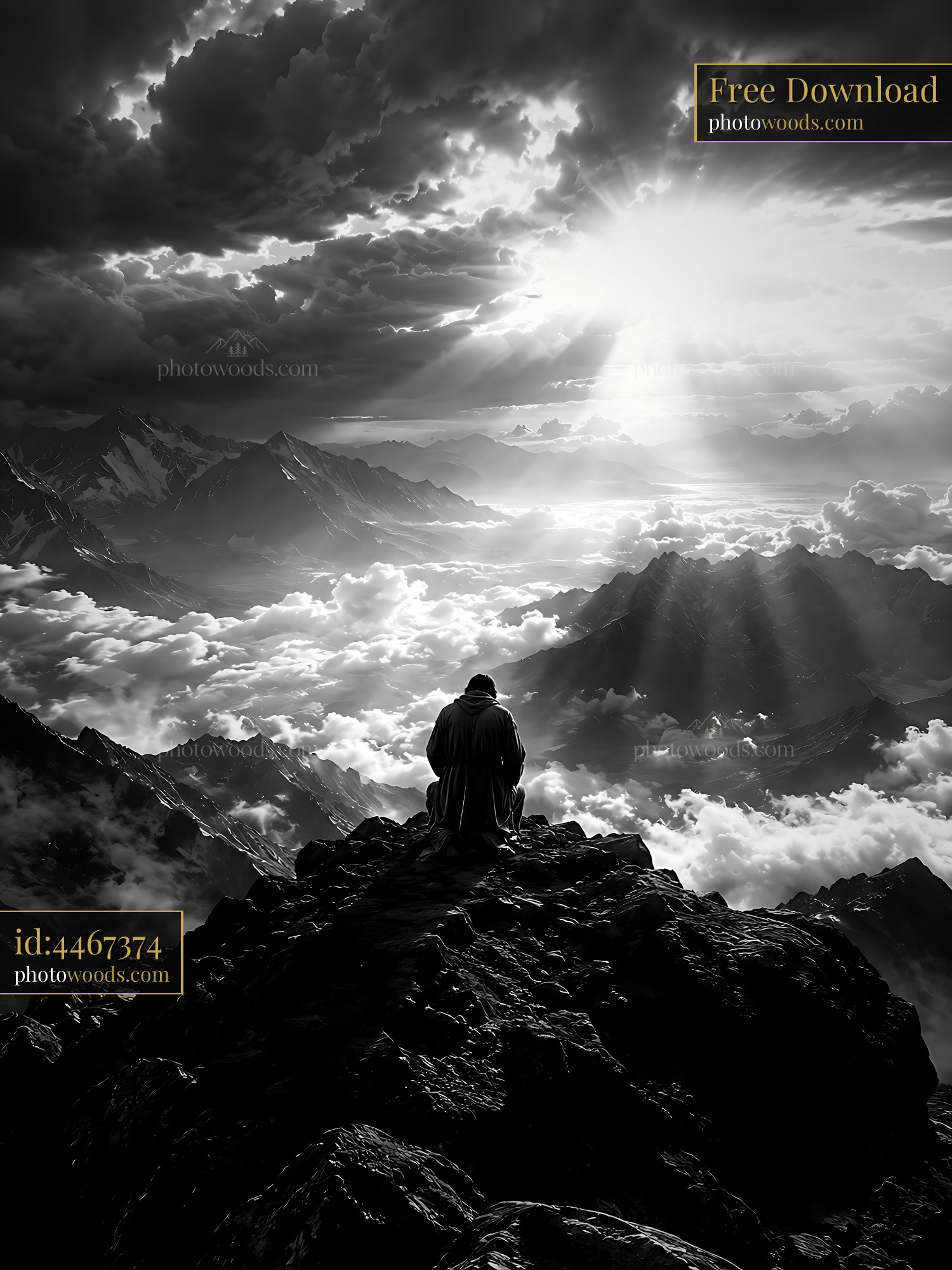Man Sits on Mountain Peak Looking at Clouds and Sun Rays