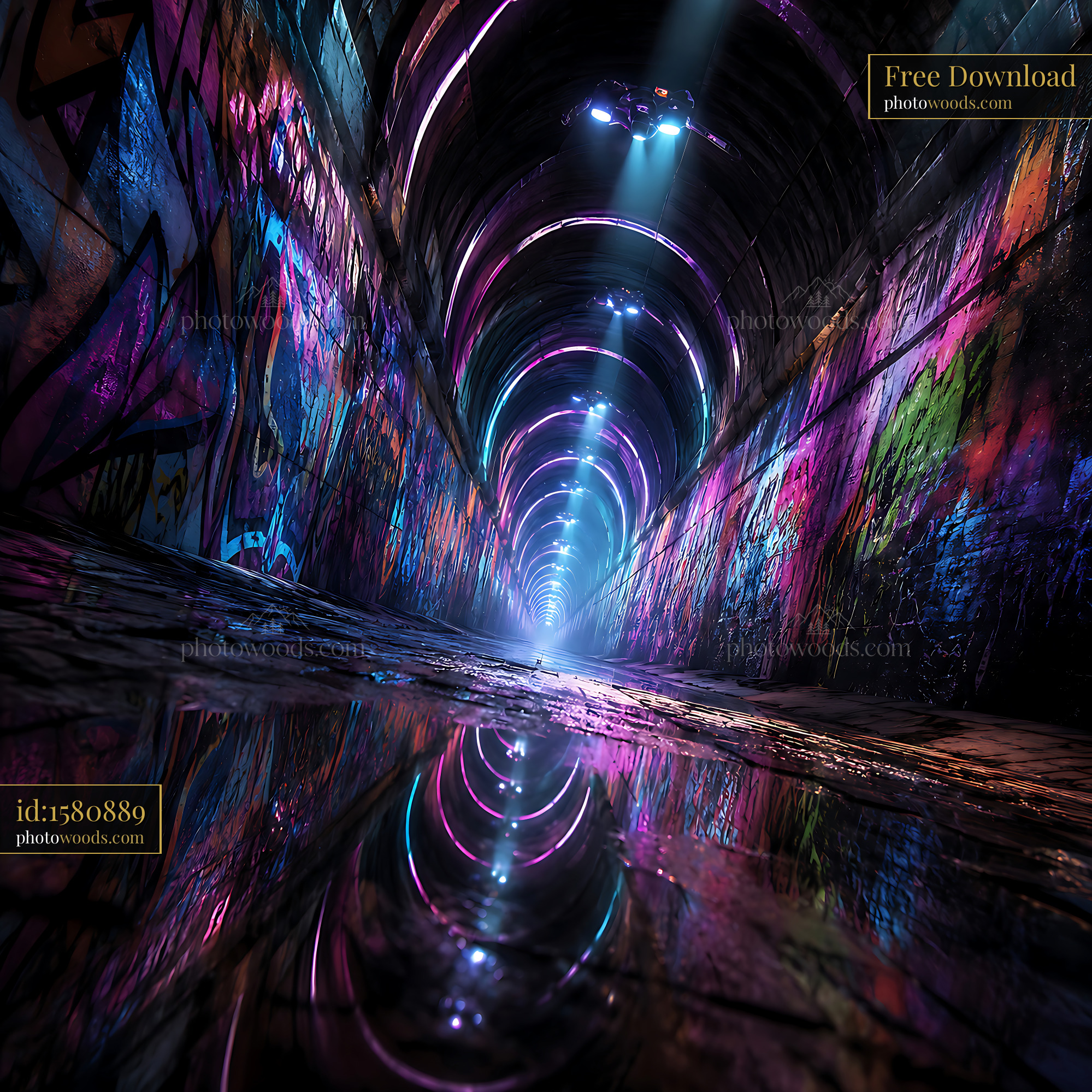 Colorful Graffiti Tunnel Reflecting Light and Art With Water