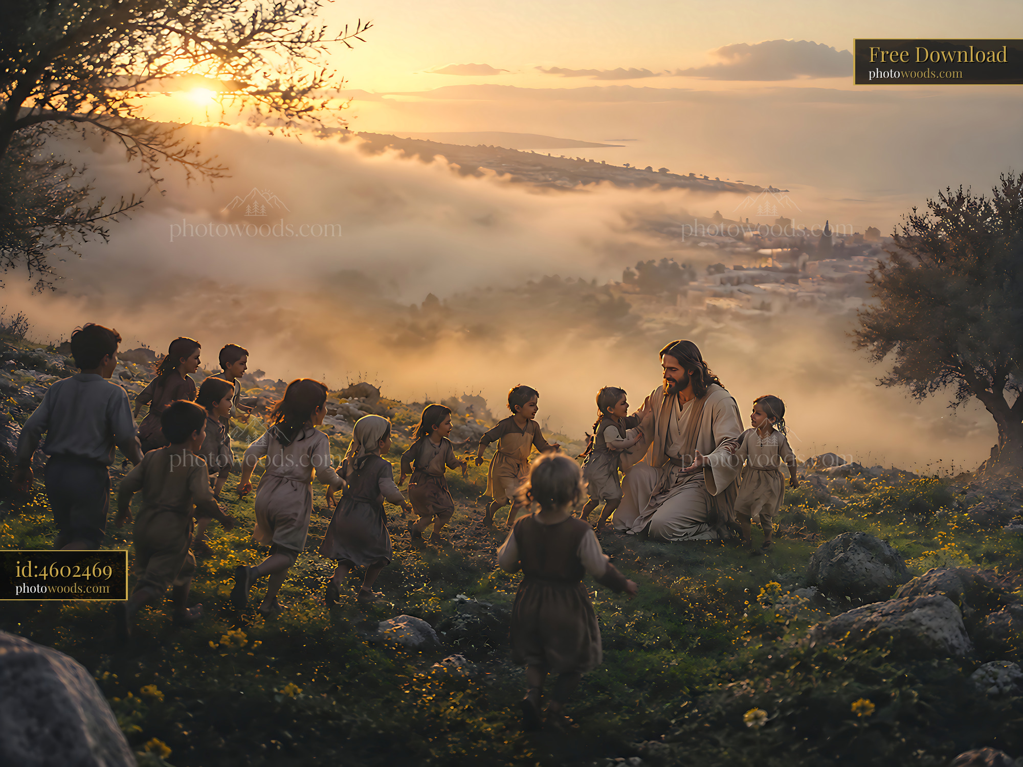 Jesus Surrounded by Children in a Field at Sunset With Clouds