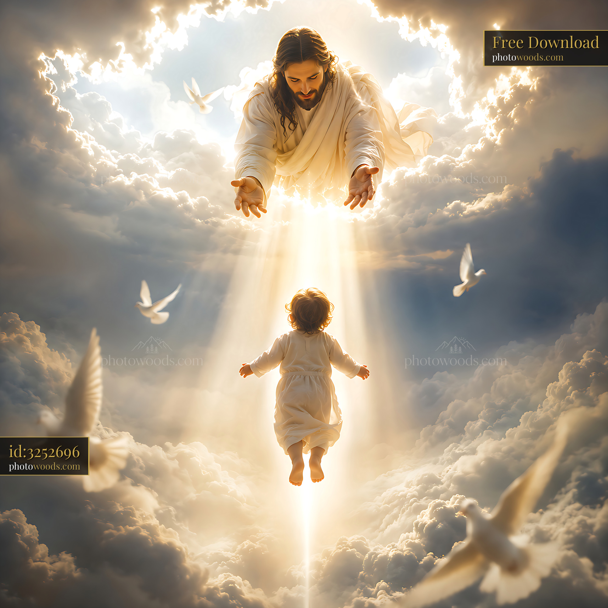 Jesus Reaching out to a Child in a Heavenly Scene With Clouds