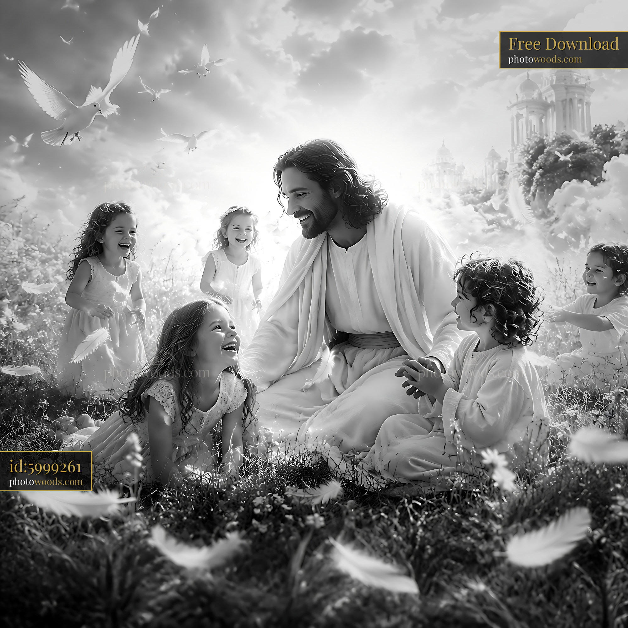 Jesus Interacts With Children in a Bright and Dreamlike Setting