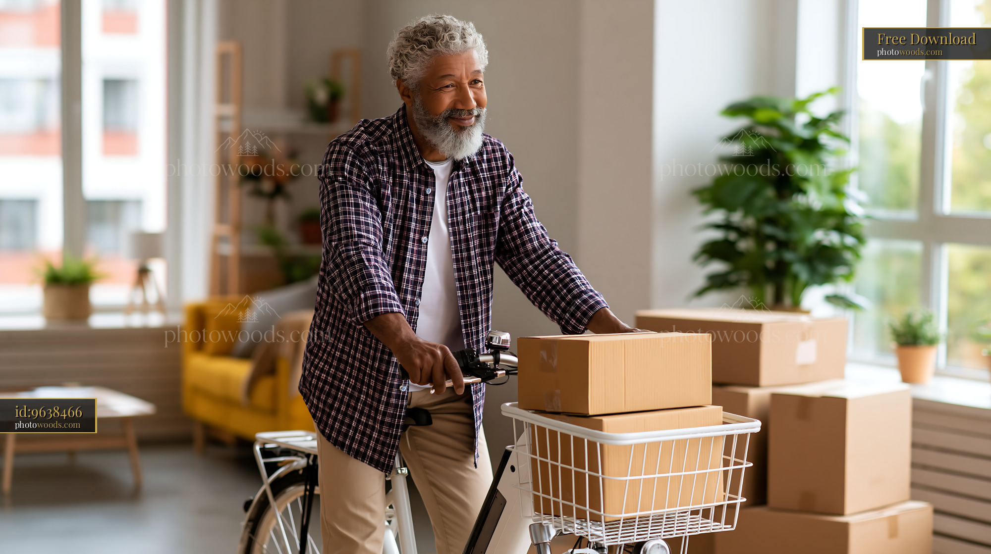 Senior Man on Electric Bike Unpacking Moving Boxes Inside Home