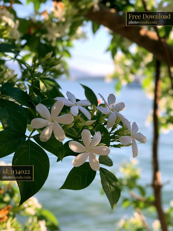 Island flowers bloom near a coastal scene with water background