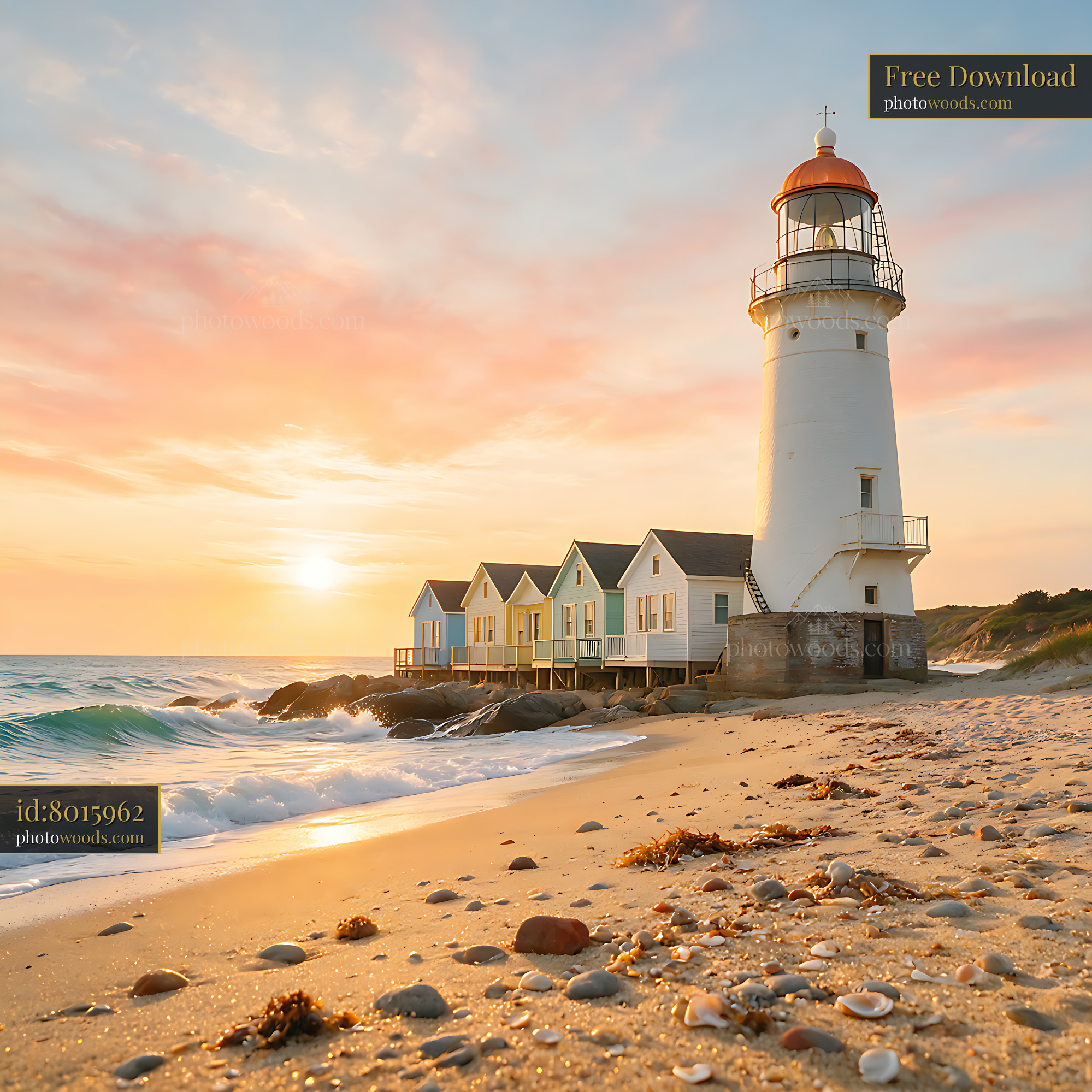 White lighthouse beside colorful cottages on a sandy beach at sunset with waves and rocky shore.