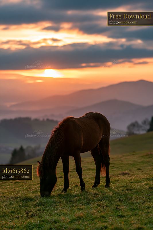 Wild horses grazing at sunset in rolling hills